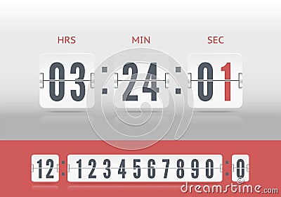 White scoreboard number font. Analog airport board countdown timer. Vector vintage flip clock time counter Vector Illustration