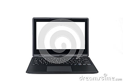 Isolated front view of a laptop computer with a white screen against white background, English Arabic QWERTY Keyboard Stock Photo