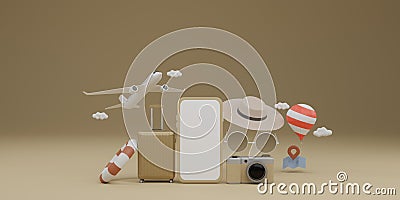 White screen mobile mockup with airplane, balloon, swimming rubber ring, luggage, sunglasses, hat and camera over brown background Stock Photo