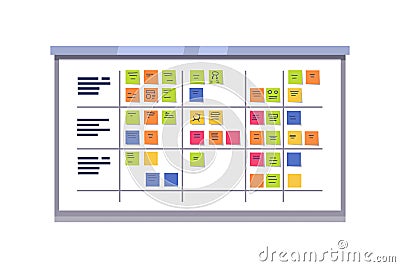 White scrum board full of tasks on sticky cards Vector Illustration