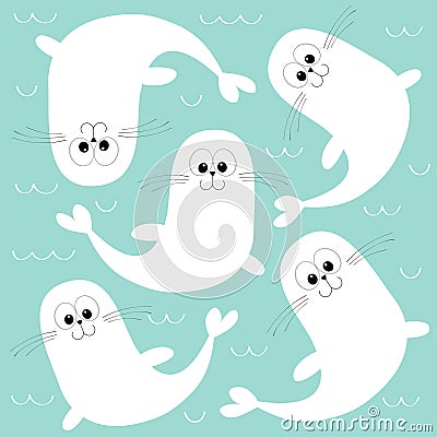 White sea lion. Harp seal pup. Cute cartoon character. Happy animal collection. Sea ocean water wave. Mother and baby family. Blue Vector Illustration