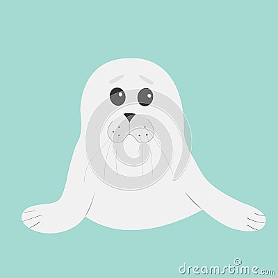 White seal pup baby harp. Cute cartoon character. Blue background. Flat design Cartoon Illustration