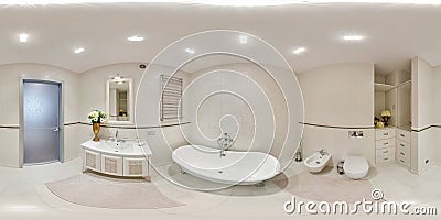 White seamless 360 hdr panorama in interior of expensive bathroom in modern flat apartments with bidet and washbasin in Stock Photo