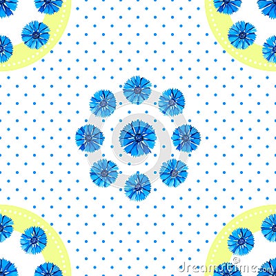 White seamless pattern with blue flowers. Watercolor cornflowers, polka dot background. Stock Photo