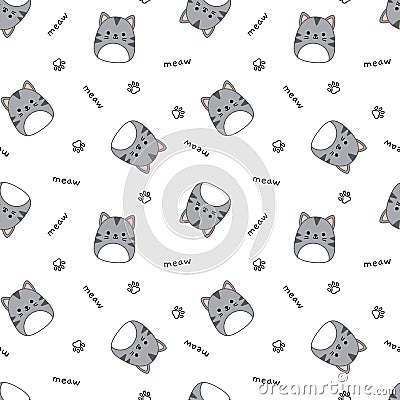 White seamless pattern with grey kawaii kitties. Squishmallow. Grey kitties. Kawaii, Vector Vector Illustration