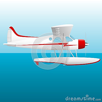 White seaplane. Hydroplane in the sky over the sea. Vector Image. Vector Illustration