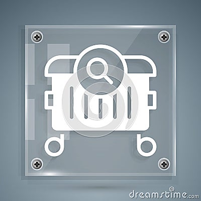 White Searching for food in trash can on streets outdoors icon isolated on grey background. Homelessness and poverty Vector Illustration