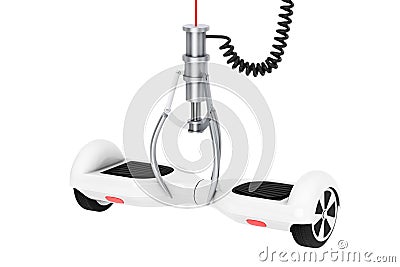 White Self Balancing Electric Scooter in a Chrome Robotic Claw. Stock Photo