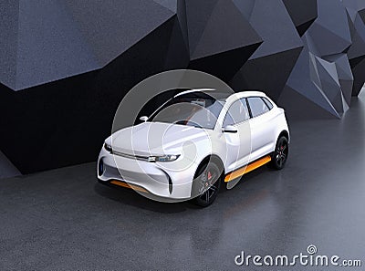 White self-driving electric SUV on black geometric background Stock Photo