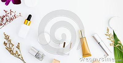 White serum bottle and cream jar, mockup of beauty product brand. Top view on the white background. Stock Photo