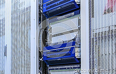 White Server Room Network communications server cluster in server room. Stock Photo