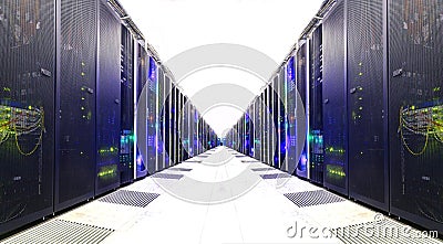 White Server Room Network communications server cluster in a server room. . futuristic modern data center Stock Photo