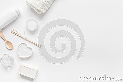 White set of cosmetics for spa on table background top view mockup Stock Photo