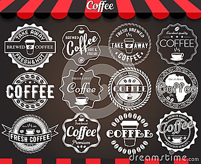 White set of round vintage retro coffee labels and badges on blackboard Vector Illustration