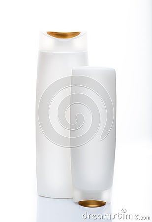 White shampoo bottles isolated on white. Path included. Stock Photo