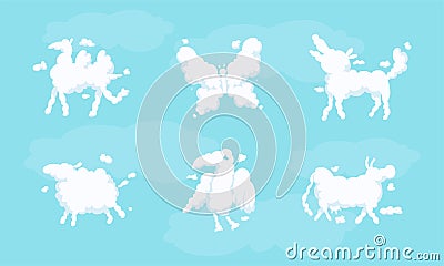 White Shaped Animal Fluffy Clouds Floating and Scudding Across Blue Sky Vector Set Vector Illustration