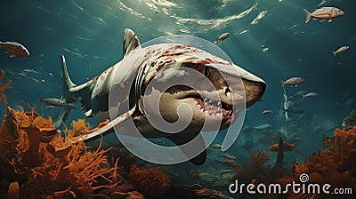 The white shark swims in the ocean in search of food. Danger bite from predator in sea and ocean Stock Photo
