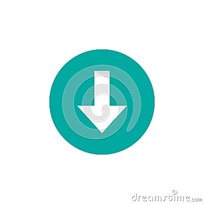 White sharp arrow down in blue circle icon. download sign Stock Photo
