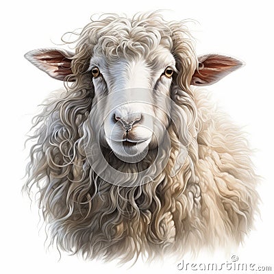 Realistic Sheep Portrait On White Background - Artistic Digital Illustration Cartoon Illustration