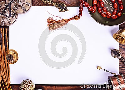 White sheet in the midst of copper Tibetan religious musical ins Stock Photo