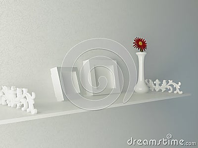 White shelf with molding and frames on it. Stock Photo