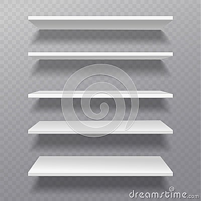 White shelves. Retail rack bibliotheque shelf box blank shelves empty bookshelf store bookcase on wall furniture set Vector Illustration