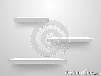 White shelves on a wall mockup. Empty shelf template on light background. Clean bookshelf collection. Realistic store Vector Illustration