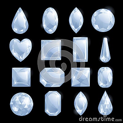 White shiny gems, vector cartoon illustration. Set of diamonds and jewels. Precious gemstones design elements Vector Illustration