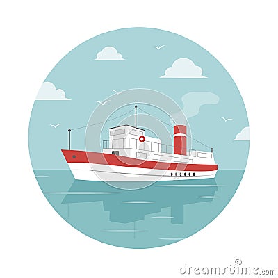 White ship at sea in circle Vector Illustration