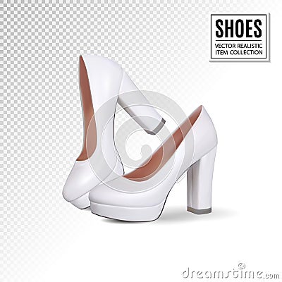 White shoes of the bride. Beautiful classic wedding shoes on transparent background. Quality realistic vector, 3d illustration Vector Illustration