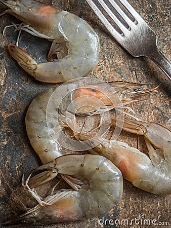 White shrimps on brown background Stock Photo