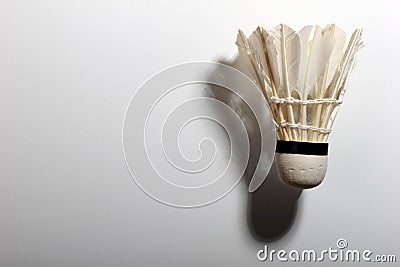 Set shuttlecock on grey, feather volant for badminton game, close-up. Copyspace, textspace. Stock Photo