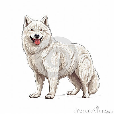 White Siberian Husky standing on ground, with its mouth open and tongue out. It is positioned in front of plain Stock Photo