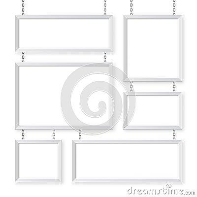 White signboards hanging on a metal chain. Restaurant menu board. Modern poster mockup. Blank photo or picture frame Vector Illustration