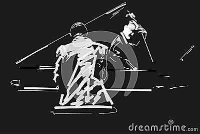 White silhouette of pianist and bass player on black background. Vector Illustration