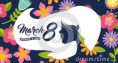 White silhouette woman head hair womens day 8 march floral background Vector Illustration