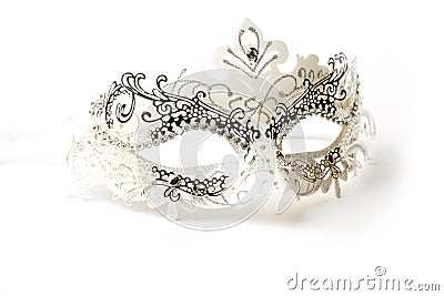 White and Silver Ornate Masquerade Mask on White Background Stock Photo