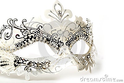 White and Silver Ornate Masquerade Mask on White Background Stock Photo