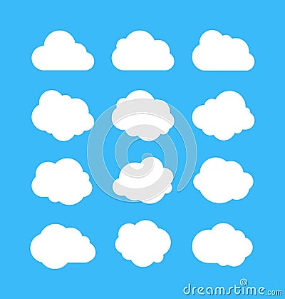 White simple clouds. Thinking bubbles, cloud message shapes. Cumulus isolated on blue background. Cartoon vector set Vector Illustration