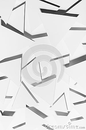 White simple geometric background with triangles in hard light with dark shadows as chaos energy pattern, top view, vertical. Stock Photo