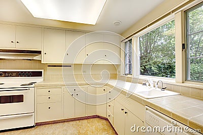 White simple old kitchen interior in American historical house. Stock Photo