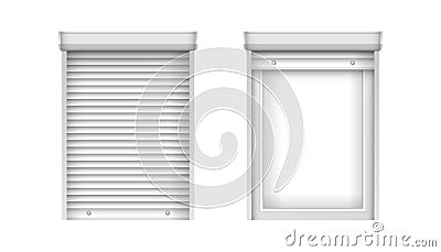 White single plastic windows with blinds. Closed and open jalousie for PVC windows. Realistic window mockup for interior Vector Illustration