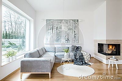 White sitting room interior with corner grey sofa, tulips in vase placed on end table, fireplace and modern art painting Stock Photo