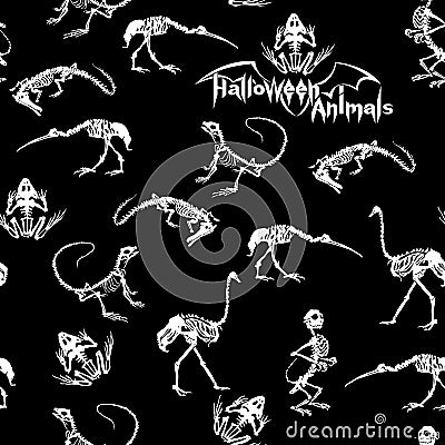 White skeletons of reptiles, animals and birds on black Vector Illustration