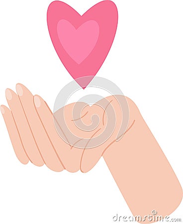 White skin hand holding pink heart. Care or love concept. Vector Illustration