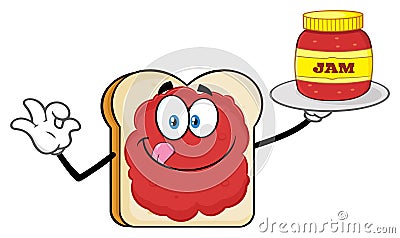 White Sliced Bread Cartoon Character With Jam Holding A Jar Of Jam Vector Illustration