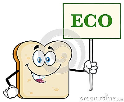 White Sliced Bread Cartoon Mascot Character Holding A Sign With Text Eco. Vector Illustration