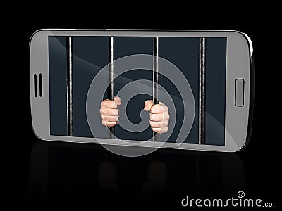White smart phone with Hands holding Jail Bars on screen Cartoon Illustration