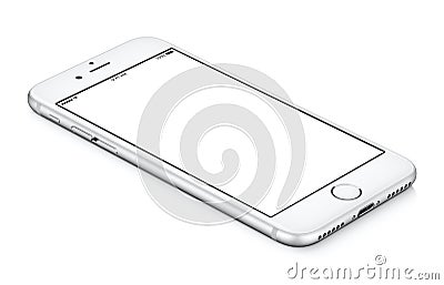 White iphone smartphone mockup CCW rotated lies on the surface. Stock Photo