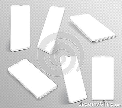 White smartphone. Realistic 3d cellphone in different angles views, frameless blank mobile phones modern device template Vector Illustration